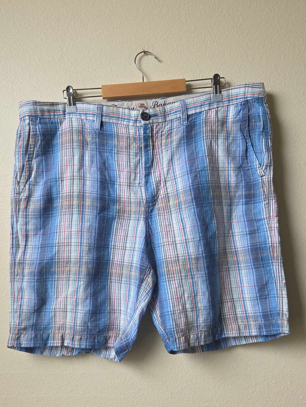Tommy Bahama Blue Plaid Men's Flat Front Linen Shorts Size 40